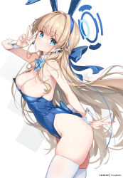 Rule 34 | 1girl, animal ears, bare shoulders, blonde hair, blue archive, blue eyes, blue leotard, blush, breasts, cleavage, commentary, detached collar, double v, earpiece, fake animal ears, hair ribbon, halo, headpiece, high heels, highleg, highleg leotard, hong (white spider), leotard, long hair, looking at viewer, medium breasts, official alternate costume, open mouth, playboy bunny, rabbit ears, ribbon, solo, strapless, strapless leotard, thighhighs, thighs, toki (blue archive), toki (bunny) (blue archive), v, wrist cuffs