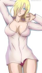 Rule 34 | absurdres, annie leonhart, bare legs, blonde hair, blue eyes, bottomless, breasts, cowboy shot, deviantart, eguiamike, gluteal fold, hair over one eye, highres, medium breasts, no bra, no pants, open clothes, open mouth, open shirt, panties, purple panties, shingeki no kyojin, shirt, solo, stretching, thighs, transparent background, twitter username, underwear