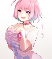 Rule 34 | 1girl, ahoge, bare shoulders, blue hair, breasts, character name, collar, collarbone, earrings, fang, gradient background, grey background, idolmaster, idolmaster cinderella girls, jewelry, large breasts, leafwow, looking at viewer, multicolored hair, off shoulder, open mouth, pill earrings, pink eyes, pink hair, shirt, short hair, short sleeves, solo, t-shirt, teeth, translation request, two-tone hair, white background, yumemi riamu