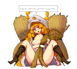 Rule 34 | 1girl, ass, bad id, bad pixiv id, blush, boots, breasts, crusaders quest, demeter (crusaders quest), happening18, high heel boots, high heels, long hair, looking at viewer, matching hair/eyes, medium breasts, nipples, open mouth, orange eyes, orange hair, pussy, pussy juice, sitting, solo, spread legs, teeth, uncensored, wheat