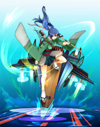 Rule 34 | 10s, 1girl, aircraft carrier, arrow (projectile), big.g, blue hair, blush, bow (weapon), breasts, clog sandals, highres, japanese clothes, kantai collection, military, military vehicle, mouth hold, okobo, personification, ribbon, sandals, ship, short hair, skirt, smile, solo, souryuu (kancolle), twintails, warship, watercraft, weapon