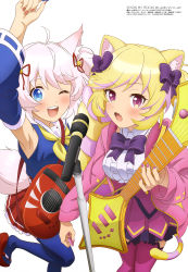 Rule 34 | 2girls, ;o, absurdres, animal ears, blonde hair, bow, bowtie, cat ears, copyright name, fang, flip-flops, grey hair, guitar, hair bow, highres, howan (show by rock!!), instrument, kitsune, leg up, mashima himeko (show by rock!!), megami magazine, microphone, multiple girls, music, official art, one eye closed, pink legwear, playing instrument, plectrum, red footwear, sandals, scan, show by rock!!, singing, soramotokan, tail, thighhighs