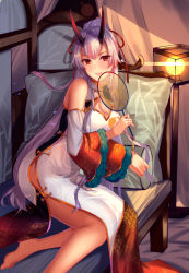 Rule 34 | 1girl, absurdres, barefoot, blush, breasts, chair, cleavage, cleavage cutout, clothing cutout, commentary request, detached sleeves, fate/grand order, fate (series), frilled sleeves, frills, hair ribbon, hand fan, heroic spirit traveling outfit, highres, horns, lantern, light blush, light smile, long hair, medium breasts, mitsudomoe (shape), oni horns, ponytail, red eyes, red horns, red ribbon, ribbon, side slit, sidelocks, silver hair, sitting, solo, tomoe (symbol), tomoe gozen (fate), tomoe gozen (traveling outfit) (fate), very long hair, wide sleeves, xue fengzi