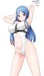 Rule 34 | 1girl, absurdres, adapted costume, arm behind head, black necktie, blue hair, breasts, clothing cutout, cowboy shot, highleg, highleg leotard, highres, kantai collection, large breasts, leotard, long hair, maru (marg0613), multicolored hair, navel cutout, necktie, one-hour drawing challenge, red hair, simple background, solo, south dakota (kancolle), star (symbol), white background, white hair, white leotard