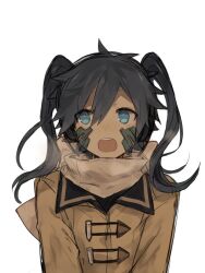 Rule 34 | 1girl, aaniko, alternate costume, black sailor collar, blue eyes, blue hair, breath, brown coat, coat, collared coat, commentary request, dark blue hair, ene (kagerou project), eyes visible through hair, facial mark, hair between eyes, headphones, kagerou project, long bangs, long hair, looking to the side, mekakucity actors, open mouth, sailor collar, scarf, simple background, sketch, solo, teeth, toggles, twintails, upper body, upper teeth only, white background, white scarf, winter clothes