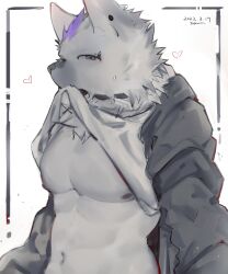 Rule 34 | 1boy, absurdres, arknights, clothes in mouth, collar, dated, eyebrow piercing, fang, furry, furry male, grey eyes, grey jacket, heart, highres, hyena boy, jacket, looking at viewer, male focus, mouth hold, multicolored hair, navel, nipples, p7ywirzyw8lesuc, pectorals, piercing, shirt in mouth, signature, solo, spot (arknights), streaked hair, white background