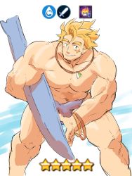 Rule 34 | 1boy, alternate costume, bara, blue male swimwear, blue swim briefs, bulge, dragalia lost, erection, erection under clothes, feet out of frame, gameplay mechanics, highres, jewelry, large pectorals, male focus, male swimwear, muscular, navel, necklace, outdoors, pectorals, piikeisandaa, rex (dragalia lost), scar, simple background, sketch, solo, summer, surfboard, swim briefs, swimsuit, thick thighs, thighs