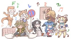 Rule 34 | 10s, 6+girls, :3, :d, ^^^, animal ears, antlers, aurochs (kemono friends), barbary lion (kemono friends), big hair, black gloves, black hair, blouse, blue eyes, blue hair, breast pocket, camouflage, character request, closed mouth, commentary request, contrapposto, dark-skinned female, dark skin, fingerless gloves, gloves, great auk (kemono friends), green hair, greyscale, hand up, head wings, holding, horns, indian style, instrument, japanese otter (kemono friends), kemono friends, long hair, looking at viewer, miniskirt, monochrome, multiple girls, music, musical note, one eye closed, open mouth, passenger pigeon (kemono friends), pink hair, playing instrument, pocket, red eyes, road sign, scene reference, shirt, short hair, sign, simple background, sitting, sivatherium (kemono friends), skirt, sleeveless, sleeveless shirt, smile, spoilers, tail, tanaka kusao, thighhighs, very long hair, white background, wings