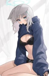 Rule 34 | 1girl, absurdres, animal ears, black bra, black shorts, blue archive, blue eyes, blue halo, blue hoodie, blush, bra, breasts, cleavage, closed mouth, commentary, cross hair ornament, english commentary, grey hair, hair ornament, halo, highres, hood, hood down, hoodie, long sleeves, looking at viewer, medium breasts, medium hair, mokew, navel, shiroko (blue archive), shorts, solo, underwear, wolf ears