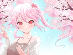 Rule 34 | 1girl, blush, breasts, cherry blossoms, closed mouth, collarbone, fingernails, gradient hair, hair between eyes, harusame (kancolle), kantai collection, long hair, long sleeves, looking at viewer, medium breasts, multicolored hair, petals, pink eyes, pink hair, side ponytail, smile, solo, upper body, yomogi dango