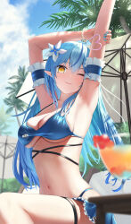 Rule 34 | 1girl, ahoge, arm up, armpits, arms up, beach, bikini, blue bikini, blue hair, blurry, blurry background, blurry foreground, breasts, flower, glasses, gradient hair, hair flower, hair ornament, heart, heart ahoge, highres, hololive, large breasts, long hair, looking at viewer, multicolored hair, navel, one eye closed, palm tree, pink hair, sky, smile, solo, stretching, swimsuit, table, torjun 111, tree, virtual youtuber, wet, yellow eyes, yukihana lamy