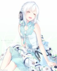 Rule 34 | 1girl, ^ ^, arm support, arms at sides, bare arms, bare shoulders, black ribbon, blue ribbon, braid, breasts, closed eyes, dress, eve (yuukyuu no tierblade), eyebrows, flower, hair flower, hair ornament, hair ribbon, happy, long hair, open mouth, plant, ribbon, ribbon braid, rose, sitting, sleeveless, sleeveless dress, small breasts, smile, solo, twitter username, very long hair, vines, white background, white hair, yuukyuu no tierblade -lost chronicle-, yuuna minato