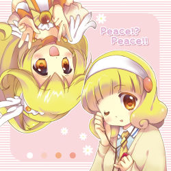Rule 34 | 10s, 1girl, blonde hair, bow, bowtie, brooch, cardigan, chibitan, choker, cure peace, double v, dual persona, flower, hair flaps, hairband, headphones, highres, jewelry, kise yayoi, long hair, necktie, one eye closed, pink background, precure, rotational symmetry, short hair, smile, smile precure!, upside-down, v, white hairband, wink, yellow bow, yellow eyes, yellow necktie