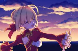 Rule 34 | 10s, 1girl, ^ ^, ahoge, braid, closed eyes, cloud, cloudy sky, dress, evening, fate/extra, fate (series), french braid, hair intakes, juliet sleeves, long sleeves, looking at viewer, looking back, munuko, nero claudius (fate), nero claudius (fate) (all), nero claudius (fate/extra), open mouth, outdoors, outstretched arms, puffy sleeves, red dress, sidelocks, sky, smile, solo, teeth, upper body