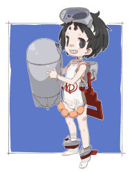 Rule 34 | 1girl, aka ume, backpack, bag, bandaged ankle, bandaid, bandaid on face, bandaid on nose, bandaid on thigh, black eyes, black hair, blue background, boots, border, chibi, choker, commentary request, diving mask, diving mask on head, flat chest, flotation belt, full body, goggles, goggles on head, grin, hands up, highres, hikimayu, holding, holding torpedo, kantai collection, looking at viewer, maru-yu (kancolle), messy hair, old school swimsuit, one-piece swimsuit, outside border, rigging, school swimsuit, short hair, sideways glance, smile, solo, standing, swimsuit, torpedo, white border, white choker, white footwear, white one-piece swimsuit
