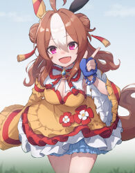 Rule 34 | 1girl, ahoge, animal ears, bead bracelet, beads, blue gloves, blush, bracelet, breasts, brown hair, cleavage, cloud, copano rickey (umamusume), day, detached sleeves, double bun, dress, ear covers, fang, fingerless gloves, frills, gloves, hair bun, haramaki (haranomaki), highres, horse ears, horse girl, index finger raised, jewelry, large breasts, long hair, looking at viewer, multicolored hair, open mouth, outdoors, pink eyes, sky, solo, umamusume, white hair, wide sleeves