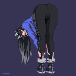 Rule 34 | 1girl, ankle cuffs, ass, bent over, black hair, black pants, cameltoe, colored tips, goddess of victory: nikke, grabbing own ankles, grey hair, highres, jacket, long hair, mask, multicolored hair, pants, pixel art, purple eyes, purple jacket, rom34t, shoes, simple background, sin (nikke), sneakers, solo, twitter username, two-tone hair, white headwear, yoga pants