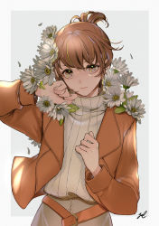 Rule 34 | 1girl, blonde hair, brown eyes, brown hair, brown jacket, closed mouth, commentary request, flower, grey background, grey skirt, hair between eyes, hand up, highres, jacket, long sleeves, looking at viewer, multicolored hair, open clothes, open jacket, original, petals, ribbed sweater, signature, skirt, solo, streaked hair, sweater, turtleneck, turtleneck sweater, two-tone background, v-shaped eyebrows, white flower, white sweater, yuu (arcadia)
