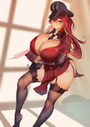 Rule 34 | 1girl, armor, bad id, bad pixiv id, black thighhighs, blue eyes, breasts, cleavage, commission, curvy, garter straps, hat, highres, huge breasts, looking at viewer, multicolored eyes, original, red eyes, red hair, smile, solo, standing, suerte, thick thighs, thighhighs, thighs