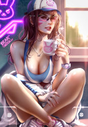 Rule 34 | 1girl, absurdres, animal print, artist name, backlighting, bare shoulders, bearwitch, blue shorts, breasts, brown eyes, brown hair, casual, cleavage, commentary, crossed ankles, cup, d.va (overwatch), day, earrings, emblem, english commentary, eyelashes, facepaint, facial mark, fingernails, highres, holding, holding cup, hood, hoodie, indoors, jewelry, lips, lipstick, long hair, looking at viewer, makeup, medium breasts, messy hair, mug, necklace, neon lights, no socks, nose, off shoulder, overwatch, overwatch 1, parted lips, pink lips, rabbit print, realistic, shoelaces, shoes, shorts, sitting, sneakers, solo, sports bra, steam, sunglasses, teeth, visor cap, watch, whisker markings, window, wristwatch