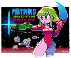 Rule 34 | 1girl, arm cannon, blush stickers, breasts, bright pupils, character name, character request, cleavage, commentary, contrapposto, copyright name, creature, floating hair, green eyes, green hair, hand up, highres, justin bailey, leotard, long hair, looking to the side, medium breasts, metroid, nintendo, open mouth, rariatto (ganguri), red leotard, samus aran, solo, standing, twitter username, weapon