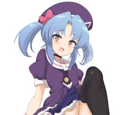 Rule 34 | 1girl, :d, beret, black choker, black necktie, black thighhighs, blue hair, blush, bow, brown eyes, choker, commentary request, dress, fang, frilled dress, frills, hat, hat bow, knee up, kurobane alice, long hair, looking at viewer, momio, necktie, open mouth, out-of-frame censoring, parted bangs, puffy short sleeves, puffy sleeves, purple dress, purple hat, red bow, sailor collar, sailor dress, shadowverse (anime), short necktie, short sleeves, simple background, sitting, smile, solo, thighhighs, twintails, white background, white sailor collar