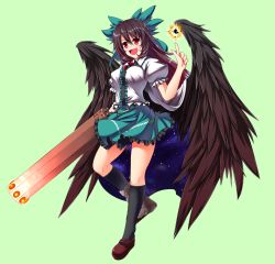 Rule 34 | 1girl, arm cannon, arm up, asymmetrical footwear, black hair, black wings, bow, cape, concrete, energy ball, female focus, glowing, glowing weapon, hair bow, iwanori, long hair, mismatched footwear, open mouth, pointing, pointing up, red eyes, reiuji utsuho, shirt, skirt, smile, solo, space, third eye, touhou, weapon, wings