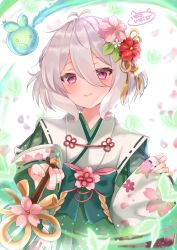 Rule 34 | 1girl, antenna hair, blurry, blurry background, blush, bow, closed mouth, commentary request, depth of field, floral print, flower, green bow, green hakama, hair between eyes, hair flower, hair ornament, hakama, hakama skirt, highres, holding, japanese clothes, kimono, kokkoro (new year) (princess connect!), kokkoro (princess connect!), long sleeves, looking at viewer, neco meito, petals, pinching sleeves, pink flower, princess connect!, red eyes, red flower, ribbon-trimmed sleeves, ribbon trim, silver hair, skirt, sleeves past wrists, smile, solo, white background, white flower, white kimono