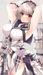 Rule 34 | 1girl, absurdly long hair, akatsuki (aktk511), armpits, arms behind head, azur lane, black choker, black neckwear, black sailor collar, bow, dress bow, breasts, choker, clothing cutout, dress, dress bow, dress flower, feather dress, flower, formidable (azur lane), formidable (timeless classics) (azur lane), highres, large breasts, long hair, navel cutout, official alternate costume, red eyes, sailor collar, simple background, sleeveless, sleeveless dress, solo, toe cleavage, two-tone dress, two-tone ribbon, veil, very long hair, white dress, white flower