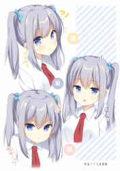 Rule 34 | !?, 1girl, :o, :t, anger vein, blue bow, blue eyes, blush, bow, breasts, closed mouth, collared shirt, diagonal stripes, grey hair, hair between eyes, hair bow, long hair, looking at viewer, medium breasts, mimura zaja, multiple views, necktie, original, parted lips, pout, red neckwear, shirt, sidelocks, striped, striped background, translation request, twintails, v-shaped eyebrows, white shirt