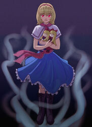 Rule 34 | 1girl, alice (megami tensei), alice margatroid, aura, blonde hair, blue dress, boots, capelet, cross-laced footwear, doll, dress, frilled dress, frills, full body, gradient background, hair between eyes, hairband, highres, holding, holding doll, hourai doll, knee boots, lace-up boots, looking at viewer, name connection, pink hairband, pink sash, purple footwear, red eyes, sash, shanghai doll, shin megami tensei, short hair, smile, solo, straight-on, touhou, white capelet, zawabug