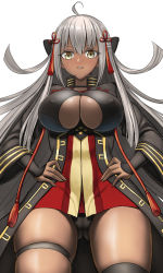 Rule 34 | 1girl, ahoge, arisku, black bow, black coat, black panties, bow, breasts, cleavage cutout, clothing cutout, coat, covered erect nipples, dark-skinned female, dark skin, fate/grand order, fate (series), hair between eyes, hands on own hips, koha-ace, large breasts, long hair, okita souji (fate), okita souji alter (fate), open mouth, panties, pantyshot, red scarf, scarf, solo, standing, tassel, thigh strap, thighhighs, underwear, white hair, yellow eyes