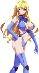 Rule 34 | 1girl, absurdres, blonde hair, blue eyes, bodysuit, breasts, cleavage, covered erect nipples, hand on own hip, highres, large breasts, lips, long hair, looking at viewer, masou gakuen hxh, miyai kana, navel, official art, one eye closed, pink lips, seductive smile, smile, solo, thick thighs, thighhighs, thighs, thong, yurishia farandole