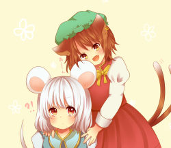 Rule 34 | !?, 2girls, :&lt;, animal ears, bad id, bad pixiv id, brown eyes, brown hair, cat ears, cat girl, cat tail, chen, earrings, fang, female focus, hand on shoulder, hat, jewelry, mouse ears, mouse tail, multiple girls, multiple tails, nazrin, open mouth, red eyes, short hair, silver hair, single earring, tail, touhou, yagura miketa