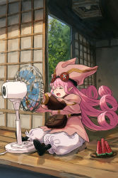 Rule 34 | 1girl, architecture, bag, baggy pants, ceiling light, east asian architecture, electric fan, closed eyes, fate/grand order, fate (series), habetrot (fate), hat, highres, kamo ashi, long hair, open mouth, pants, pink hair, pointy ears, satchel, sitting, watermelon, watermelon slice