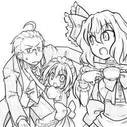 Rule 34 | 1boy, 2girls, aged down, aged up, ahoge, alternate costume, alternate hairstyle, apron, bare shoulders, bow, braid, butler, child, choker, contemporary, cup, fang, frills, futa (nabezoko), glasses, gloves, greyscale, hair bow, izayoi sakuya, jewelry, maid, maid apron, maid headdress, monochrome, morichika rinnosuke, multiple girls, necktie, off shoulder, open mouth, remilia scarlet, ring, short hair, skirt, sweatdrop, teacup, touhou, twin braids, wrist cuffs