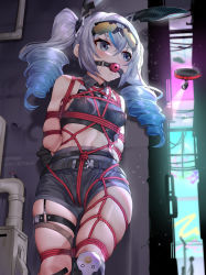 Rule 34 | 1girl, against wall, arms behind back, ball gag, bare shoulders, bdsm, belt, belt buckle, black gloves, black shorts, blue eyes, blue hair, blurry, blurry background, blush, bondage, bound, bound arms, breasts, bronya zaychik, buckle, covered erect nipples, covered navel, crop top, depth of field, drill hair, drone, drooling, feet out of frame, gag, gagged, ginklaga, gloves, gluteal fold, goggles, goggles on head, headgear, honkai (series), honkai impact 3rd, industrial pipe, long hair, outdoors, public indecency, saliva, shibari, shibari over clothes, short shorts, shorts, skindentation, small breasts, solo, standing, thigh strap, twin drills, twintails, wiffle gag