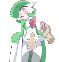 Rule 34 | 1girl, blush, bob cut, bright pupils, clothed pokemon, colored skin, controller, cowboy shot, creatures (company), disembodied hand, ear blush, fang, fingering, fingering through clothes, flat chest, game freak, gardevoir, gen 3 pokemon, green hair, green skin, hair over one eye, highres, holding, holding remote control, lifting own clothes, looking at viewer, m3 (gardevoir m3), multicolored skin, nintendo, nose blush, one eye covered, open mouth, panties, pink panties, pokemon, pokemon (creature), pov, pov hands, pussy juice, red eyes, remote control, remote control vibrator, sex toy, short hair, simple background, solo focus, standing, tears, through clothes, two-tone skin, underwear, vibrator, vibrator under clothes, wet, wet clothes, wet panties, white background, white pupils, white skin, wide-eyed, wireless sex toy controller