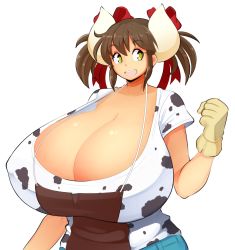 Rule 34 | 1girl, apron, borrowed character, breasts, brown hair, cleavage, collarbone, cow girl, gigantic breasts, hair ornament, hair ribbon, happy, highres, horns, open mouth, ribbon, shiny skin, simple background, solo, sukimi, teeth, theycallhimcake, white background