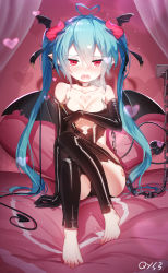 Rule 34 | 1girl, :o, ahoge, artist name, ass, bare shoulders, barefoot, black bra, black choker, black gloves, black panties, black ribbon, black thighhighs, blue hair, blush, bra, breasts, breath, chain, choker, cleavage, collarbone, commentary request, curtains, demon girl, demon horns, demon tail, demon wings, elbow gloves, fang, feet, gloves, hair between eyes, hair ribbon, hatsune miku, head wings, heart, heart ahoge, heart tattoo, highres, holding, horns, knees up, latex, long hair, looking at viewer, md5 mismatch, medium breasts, nail polish, open mouth, panties, pointy ears, qys3, red eyes, red nails, resolution mismatch, ribbon, sidelocks, sitting, solo, source larger, tail, tattoo, thighhighs, twintails, underwear, very long hair, vocaloid, wavy mouth, whip, wings