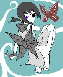 Rule 34 | 00s, 1girl, amputee, anklet, barefoot, black hair, bug, butterfly, eyepatch, feet, female focus, full body, gloves, insect, japanese clothes, jewelry, kaga ai, ninja, partially colored, ponytail, purple eyes, sayonara zetsubou sensei, short hair, shuriken, solo, toes, weapon