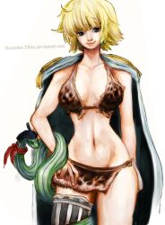 Rule 34 | 1girl, aliasing, amazon warrior, blonde hair, blunt bangs, bra, brown bra, cape, commentary, deviantart username, english commentary, epaulettes, hand on own hip, looking at viewer, lowres, marguerite (one piece), navel, neckerchief, one piece, opirou, red neckerchief, short hair, simple background, single thighhigh, smile, snake, striped clothes, striped thighhighs, thighhighs, underwear, vertical-striped clothes, vertical-striped thighhighs, white cape