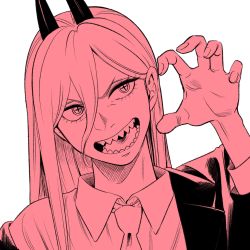 Rule 34 | 1girl, arm up, chainsaw man, collared shirt, cross-shaped pupils, gao, hair between eyes, highres, horns, jacket, jacket partially removed, long hair, looking to the side, monochrome, necktie, open mouth, pink theme, power (chainsaw man), red hair, red theme, sharp teeth, shirt, simple background, smile, solo, spot color, symbol-shaped pupils, teeth, ten ten 10 10, white background, white shirt