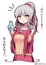 Rule 34 | 1girl, absurdres, blue nails, bottle, capelet, carmilla (fate), collarbone, fate/grand order, fate (series), feet out of frame, fingernails, hairband, highres, holding, holding bottle, long fingernails, nail polish, open mouth, orange sweater, ponytail, red capelet, red hairband, red skirt, sharp fingernails, silver hair, simple background, skirt, solo, sweatdrop, sweater, yellow eyes, yuya090602