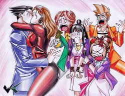Rule 34 | 2boys, 4girls, ace attorney, anger vein, angry, blush, breasts, brown hair, capcom, cheating (relationship), child, desiree delite, formal, jadenkaiba, kiss, large breasts, larry butz, maya fey, multiple boys, multiple girls, o o, open mouth, pearl fey, phoenix wright, ron delite, suit, surprised, tears, traditional media