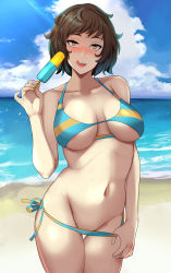 Rule 34 | 1girl, :p, adjusting clothes, adjusting swimsuit, areola slip, bare shoulders, beach, bikini, bikini pull, blush, breasts, breasts apart, breasts out, brown eyes, brown hair, clothes pull, cloud, collarbone, food, groin, highres, kawakami sadayo, lainart, large breasts, licking lips, medium hair, navel, persona, persona 5, pinky out, popsicle, sky, solo, standing, striped bikini, striped clothes, swimsuit, tongue, tongue out, waves