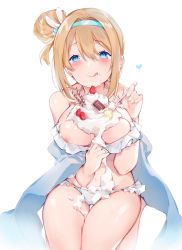 Rule 34 | 1girl, absurdres, bare shoulders, bikini, bikini tug, blonde hair, blue eyes, blush, breasts, candy, character name, chocolate, chocolate bar, cleavage, closed mouth, commentary request, cream, cream on body, cream on face, flying hear, food, food on face, fruit, girls&#039; frontline, hair between eyes, hair bun, hair ornament, hairband, highres, holding, holding spoon, licking lips, long hair, looking at viewer, medium breasts, mizumitsue, nipple slip, nipples, official alternate costume, seiza, shawl, side bun, sidelocks, simple background, single side bun, sitting, smile, snowflake hair ornament, solo, spoon, strawberry, suomi (girls&#039; frontline), suomi (midsummer pixie) (girls&#039; frontline), swimsuit, thighs, tongue, tongue out, wafer stick, white background, white bikini