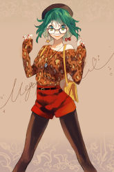 Rule 34 | 1girl, black pantyhose, earrings, fashion, glasses, green eyes, green hair, grin, gumi, hat, jewelry, pantyhose under shorts, looking at viewer, matching hair/eyes, gumi (v3 megpoid), nail polish, pantyhose, shorts, smile, solo, tibino, vocaloid