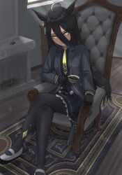 Rule 34 | 1girl, ahoge, animal ears, black hair, black pantyhose, breasts, carpet, chair, clenched hand, closed mouth, coffee, commentary, crossed legs, cup, ear ornament, earrings, fireplace, firewood, gokoroyama3304, hair between eyes, holding, holding cup, horse ears, horse girl, horse tail, jewelry, long bangs, long coat, long hair, long sleeves, looking at viewer, manhattan cafe (umamusume), matchbox, medium breasts, multicolored hair, necktie, on chair, pantyhose, shirt, shoes, single earring, sitting, skirt, solo, tail, teacup, umamusume, uwabaki, white hair, window, yellow eyes, yellow necktie