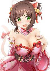 Rule 34 | 1girl, :d, animal ears, arm at side, bare shoulders, bell, blush, bow, breasts, brown hair, cat ears, cat girl, cat tail, cleavage, collar, collarbone, cowboy shot, detached collar, detached sleeves, dress, fang, floral print, frilled collar, frills, green eyes, hair bell, hair ornament, hair ribbon, hand on own chest, hand up, highres, idolmaster, idolmaster cinderella girls, jingle bell, kibihimi, large breasts, long sleeves, looking at viewer, maekawa miku, medium hair, open mouth, parted bangs, pink bow, pink collar, pink dress, ponytail, red bow, red ribbon, ribbon, short ponytail, sidelocks, sideways glance, simple background, smile, solo, strapless, strapless dress, swept bangs, tail, tail bow, tail ornament, tail raised, tongue, v-shaped eyebrows, white background, wide sleeves